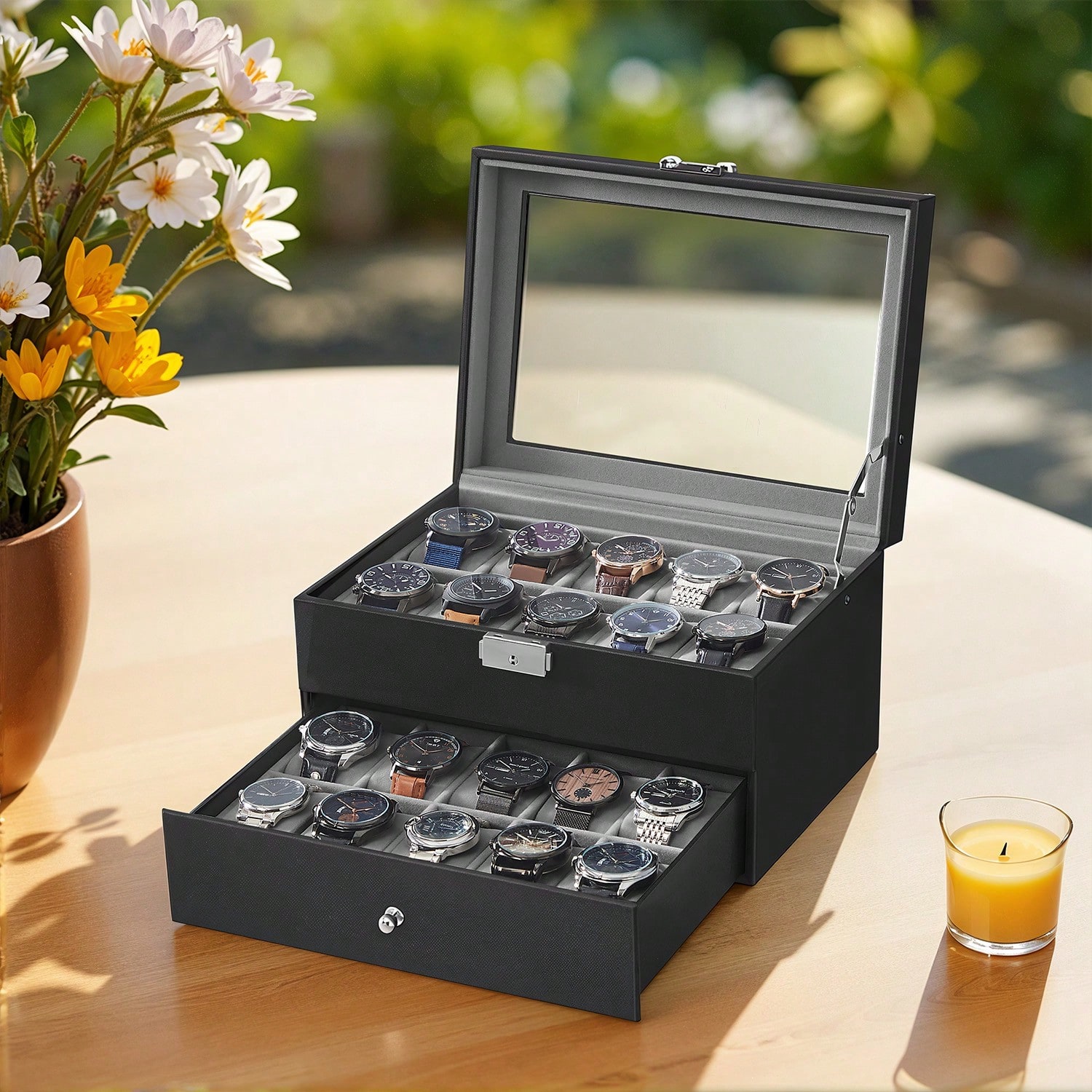 Jewelry And Watches Box - Horlogebox met 20 vakjes, glazen deksel