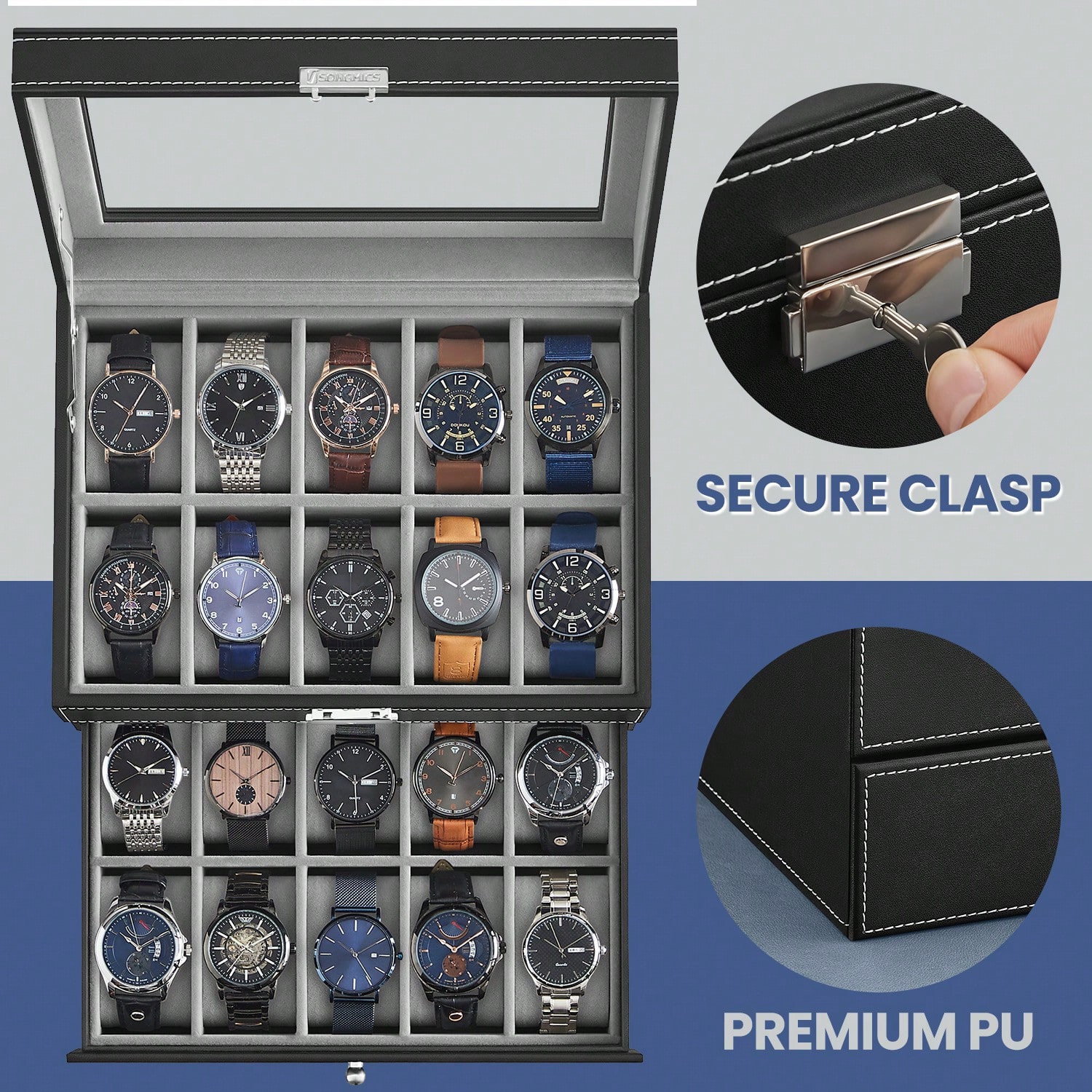 Horlogebox met 20 vakjes, glaz - Jewelry And Watches Box recensie en prijs
